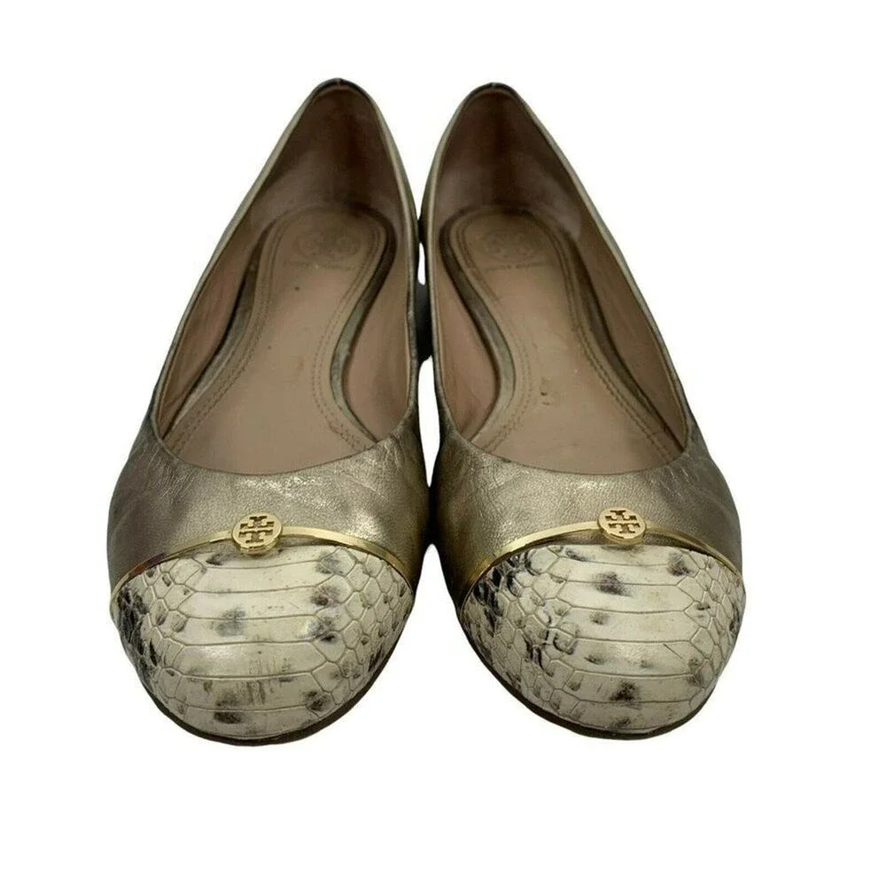 Tory Burch Size 9 Bar Logo Ballet Flat Champagne Natural Odyssey Karajah‎ Print